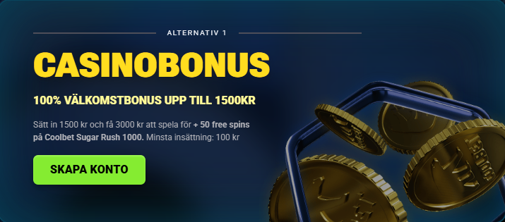Coolbet vÃ¤lkomstbonus 100 % upp till 1 500 kr och 50 free spins pÃ¥ fÃ¶rsta insÃ¤ttning