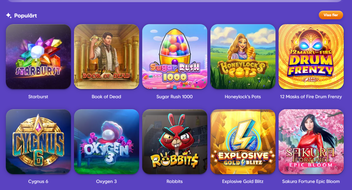 Pop Casino lobby med orange-lila design och tydliga spelkategorier fÃ¶r slots och live casino